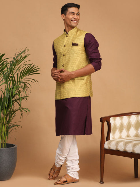 Vastramay Men's Yellow Jacquard Nehru Jacket with Kurta Pyjama Set